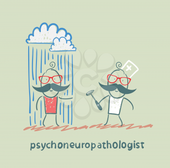 psychoneuropathologist  stands next to a nervous patient on whom pouring rain