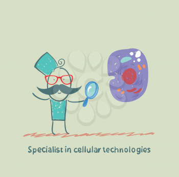 Specialist in cellular technologies is looking through a magnifying glass on a cell