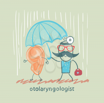 otolaryngologist  holding an umbrella over the patient