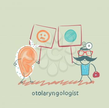 otolaryngologist holds a poster with pills and shows the patient