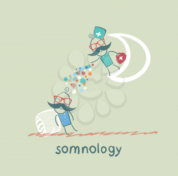 somnology standing on the moon and throws multicolored medication to a patient who is sleeping