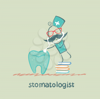 stomatologist   standing on a pile of books and a stethoscope listens to a large tooth