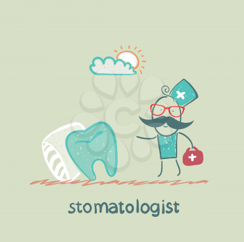stomatologist goes to the aching tooth, which lies on a bed