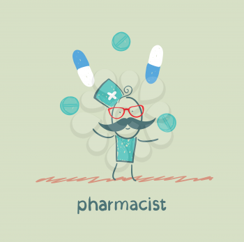 pharmacist juggles tablets and capsules