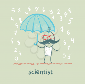 Scientist holding an umbrella from the rain with numbers