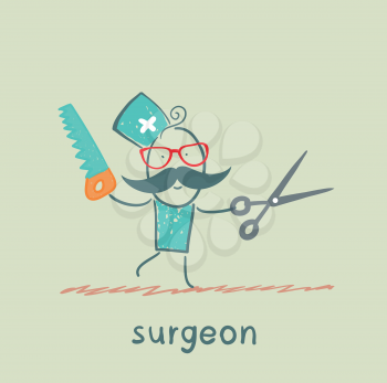 Surgeon holding a saw and scissors
