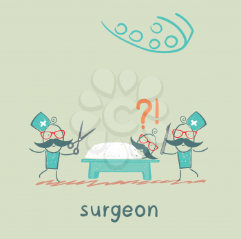 surgeon holding a scalpel and scissors and stands near the patient, who is lying on the operating table