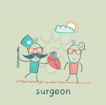 surgeon holding a scalpel and a heart patient