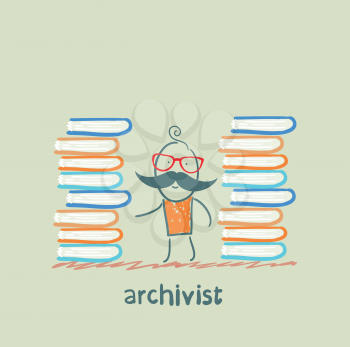 archivist standing near piles of books