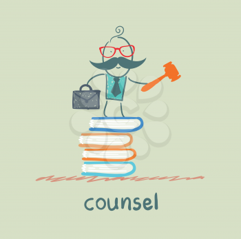 counsel stands on a pile of books