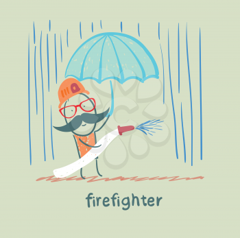 firefighter stands in the rain with an umbrella