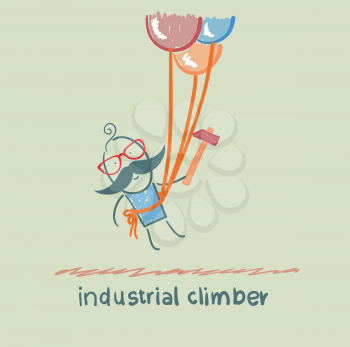 industrial climber flies on the balloons with a hammer