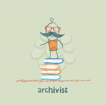 archivist stands on a pile of books