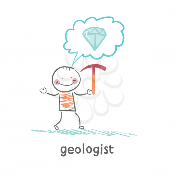 Geologist holding a hammer and thinks about gem