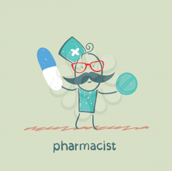 Pharmacist holding a capsule and tablet