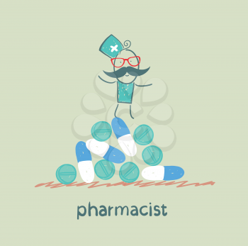 pharmacist is on a pile of pills and capsules