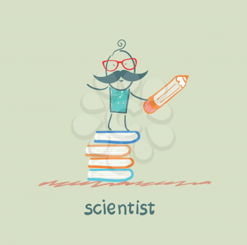 scientist holding a pencil and stands on a pile of books