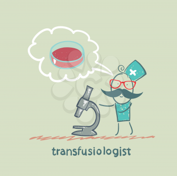 transfusiologist working on a cure for blood substitutes, and looking through a microscope