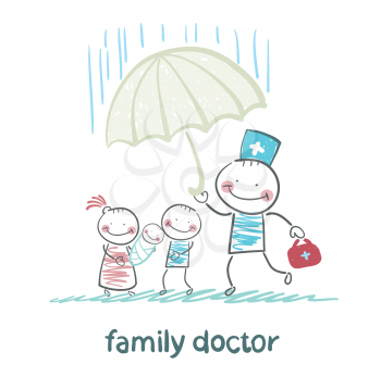 family doctor holding an umbrella from the rain on her mother, father and child