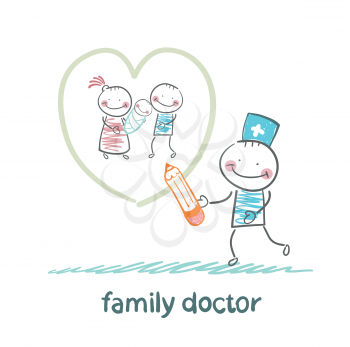 family doctor draws a heart around the family