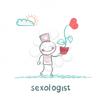 Sexologist  is holding a flower with a heart