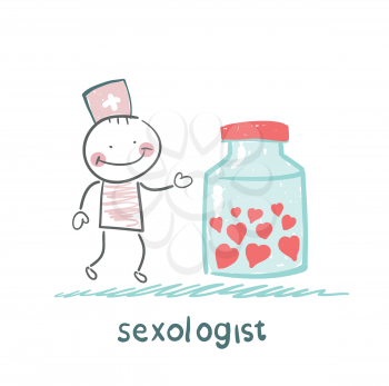 Sexologist stands near the banks filled with hearts