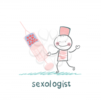 Sexologist with a syringe filled with hearts