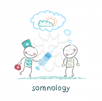 somnology stands next to a syringe with a patient who has fallen asleep