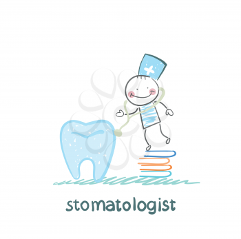 stomatologist   standing on a pile of books and a stethoscope listens to a large tooth
