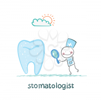 stomatologist looking through a magnifying glass on a tooth