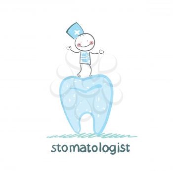 stomatologist stands on a large tooth