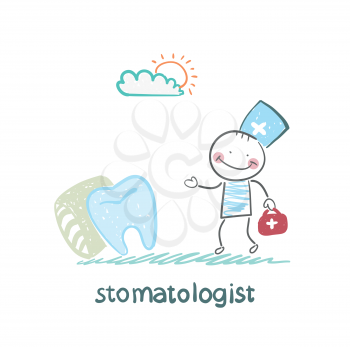 stomatologist goes to the aching tooth, which lies on a bed