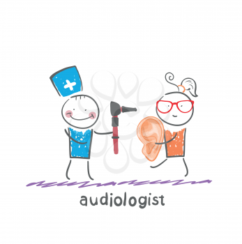otolaryngologist  stands next to the patient who holds a large ear
