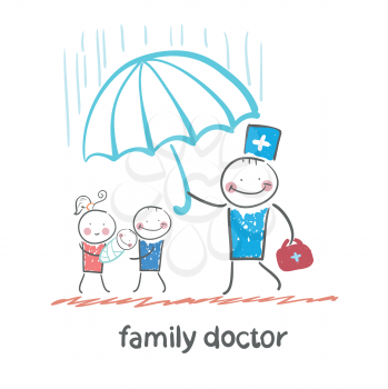 family doctor holding an umbrella from the rain on her mother, father and child