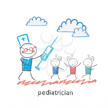 pediatrician with a syringe runs for children