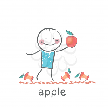 man holding an apple lying around and eats apples