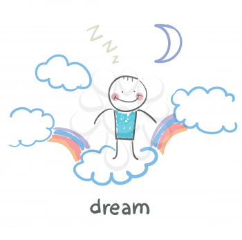 man flying in a dream clouds with rainbows