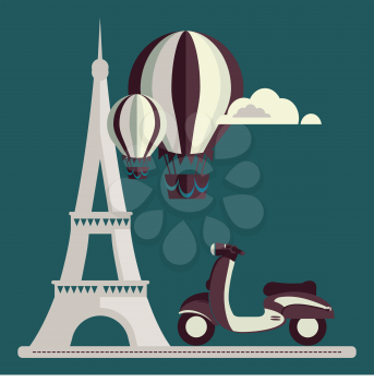 Eiffel Tower Paris scooter Air Balloon Clouds vector/illustration