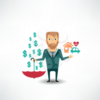 insurance agent holding a house, a car, a heart and an umbrella in the other hand
