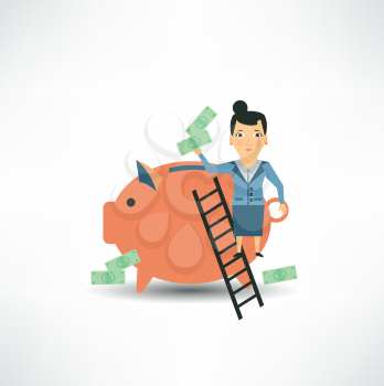 Accountant throws money into a pig 