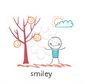 a man stands next to a tree on which grow smilies