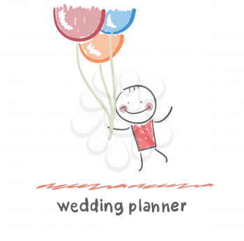 wedding planner flying with balloons
