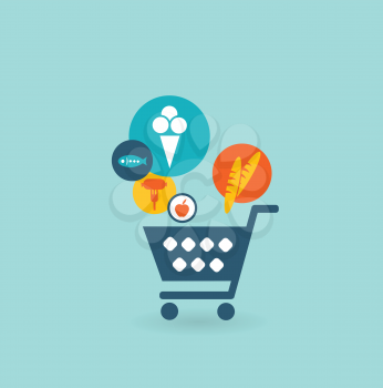 Shopping basket with foods, the composition of the icons