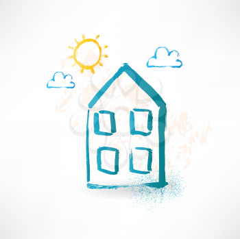 Blue cartoon two-storied house. Brush icon.
