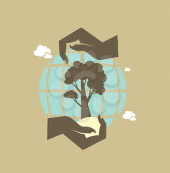 hands hold the earth and tree icon