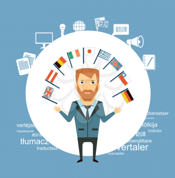 translator  with flags of different countries illustration