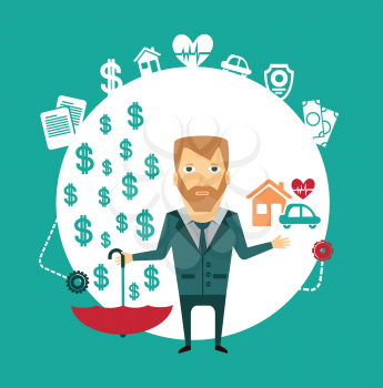 insurance agent holding a house, a car, a heart and an umbrella in the other hand, where the money sypyatsya illustration