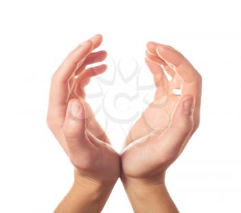 Two human hands showing sphere on white background