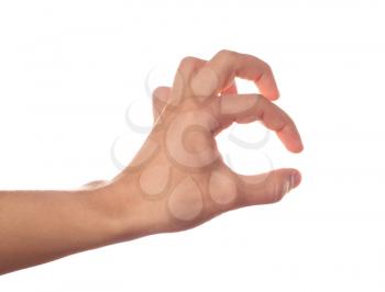 Human hand holding something on white background