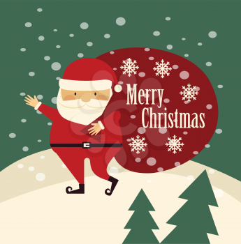Santa Claus is worth carries a bag with gifts and wishes Merry Christmas illustration
